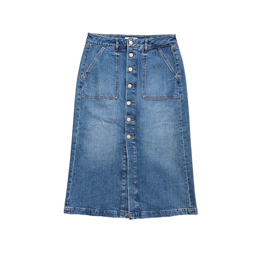 Made and Loved Loft Skirt Womens 2 Blue Denim Midi Exposed Buttons Straight